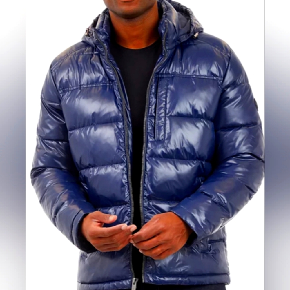 Navy Blue Quilted Puffer Jacket with Stand-Up Collar